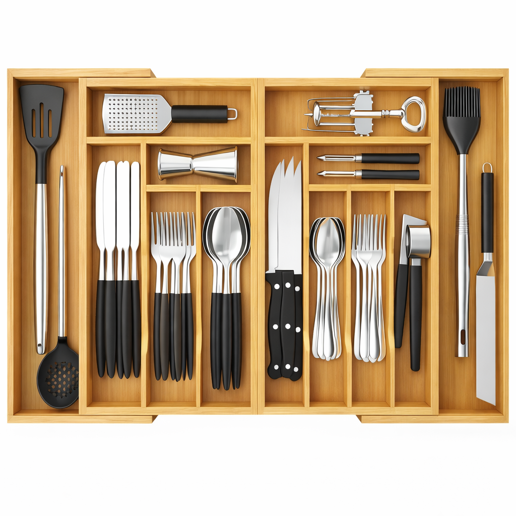 Novaelio – Grand Range Couverts Extensible 53,3 à 91,4 cm, Organisateur de Tiroir en Bambou Naturel