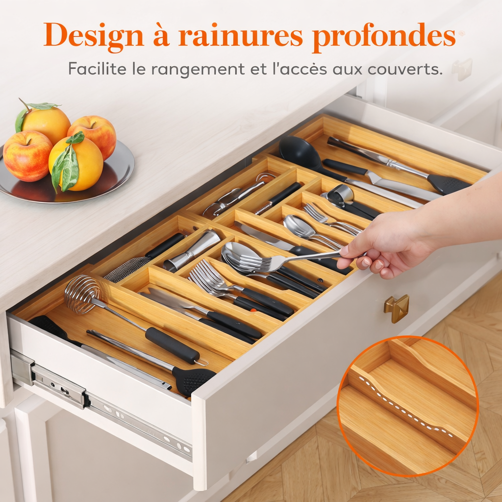 Novaelio – Grand Range Couverts Extensible 53,3 à 91,4 cm, Organisateur de Tiroir en Bambou Naturel