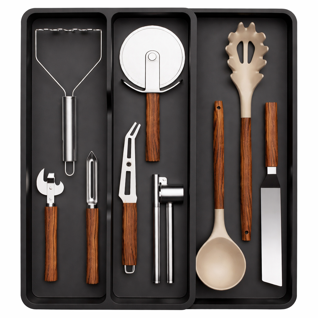 Novaelio – Range Couverts Extensible 2 à 3 Compartiments, Séparateur de Tiroir Cuisine, Organisateur en Plastique Noir