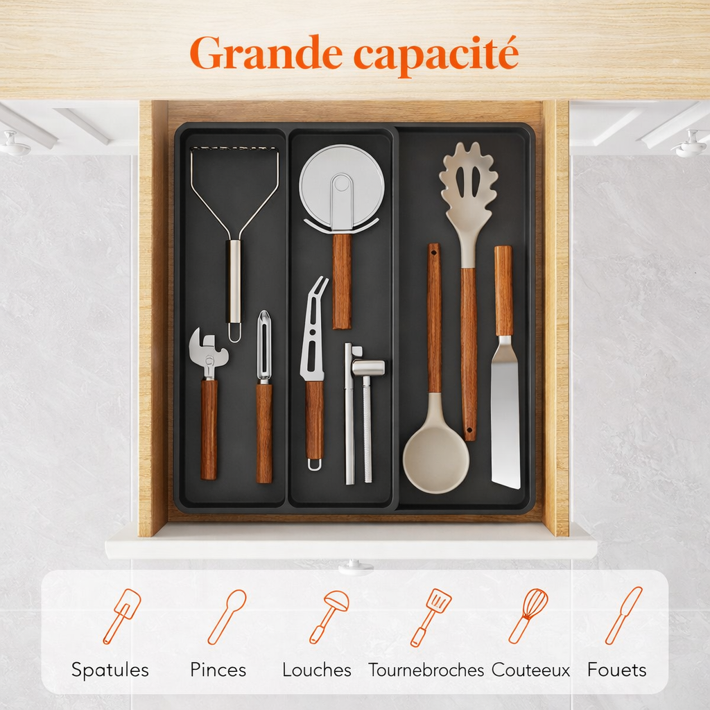 Novaelio – Range Couverts Extensible 2 à 3 Compartiments, Séparateur de Tiroir Cuisine, Organisateur en Plastique Noir