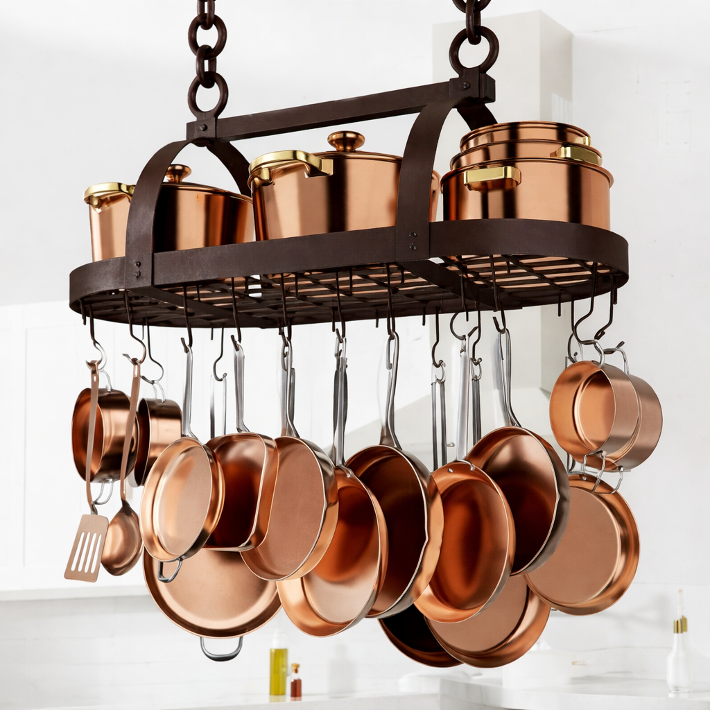 Novaelio – Porte Casseroles Suspendu 85 cm, Étagère de Plafond Cuisine avec 20 Crochets en S, Bronze Huilé