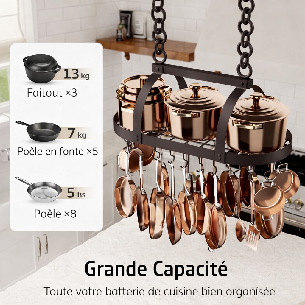 Novaelio – Porte Casseroles Suspendu 85 cm, Étagère de Plafond Cuisine avec 20 Crochets en S, Bronze Huilé